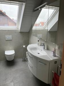 een badkamer met een wastafel, een toilet en een spiegel bij Ahorn 11 in Laumersheim