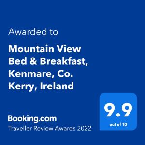 Mountain View Bed & Breakfast, Kenmare, Co. Kerry, Irelandに飾ってある許可証、賞状、看板またはその他の書類