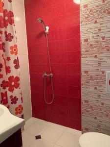 bagno con doccia e parete rossa di DESI HOUSE 302b Cozy Studio Nesebar a Nesebar