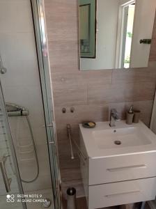 een badkamer met een wastafel, een douche en een spiegel bij Un nid d'amour en Provence à deux pas de la mer in Cogolin