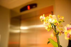 a vase with flowers in front of a room at Hotelette Seoul Station in Seoul