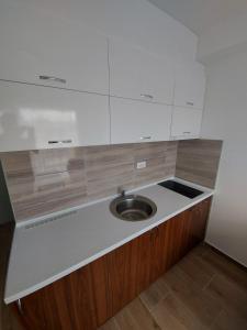 a kitchen counter with a sink and white cabinets at Ekskluziv apartmani in Paraćin