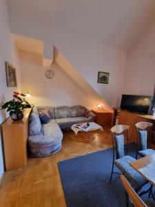 ein Wohnzimmer mit einem Sofa und einem Tisch in der Unterkunft Apartma Vrtnica, Vila Golf in Rogaška Slatina