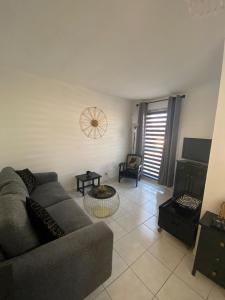 un salon avec un canapé et une cheminée dans l'établissement Studio confort port de Frejus, à Fréjus