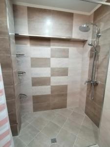 a shower with a glass door in a bathroom at Къща за гости Радост Guest House Radost in Razlog