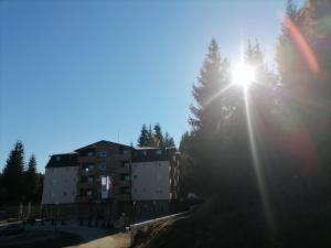 新瓦罗什Apartman Zlatar Omiljena的阳光照耀着树的建筑