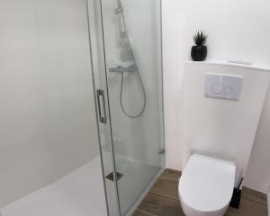 a bathroom with a shower and a toilet at Lodge LE CABANON accès direct plage ! in La Turballe
