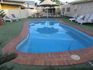 洛坎普頓的住宿－陽光棕櫚汽車旅館，一座带砖砌庭院的庭院内的游泳池
