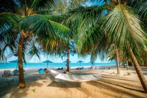 a hammock on a beach with palm trees and the ocean at Khanom Sea Beach Resort in Nakhon Si Thammarat