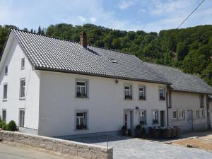 une maison blanche avec un toit gris dans l'établissement Spacious holiday home in Ouren with infrared sauna, à Burg-Reuland
