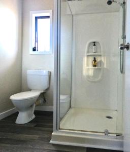 uma casa de banho com um WC e uma cabina de duche em vidro. em Almost Country em Taupo