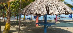a blue chair under a straw umbrella on a beach at HOSTAL COVEÑAS INN in Coveñas