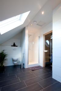 a bathroom with a toilet and a walk in shower at B&B De Drentse Es in Emmen