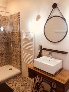 ein Bad mit einem Waschbecken, einem Spiegel und einer Dusche in der Unterkunft Hôtes de Maïa Chambre d'hôtes in Moret-sur-Loing
