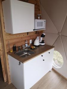 a kitchen with a sink and a microwave at Wiosna Glamp in Wiosna