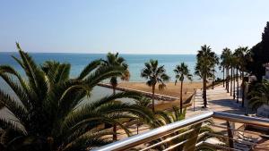 a view of a beach with palm trees and the ocean at Miami Mar - Boutique Hotel & Restaurante in Sant Carles de la Ràpita