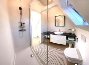 un bagno con doccia, WC e lavandino di Appartement HIMMEL & Höllerl a Fürstenfeld