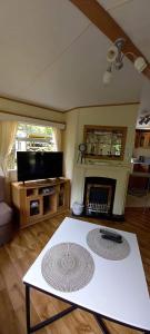 a living room with a table and a fireplace at Domki Holenderskie Mazury Leleszki in Leleszki