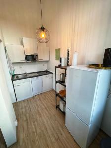 a small kitchen with a refrigerator in a room at Ferienwohnung Zum Zollkran in Trier