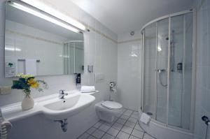 un bagno con lavandino, wc e doccia di AVALON Hotelpark Königshof a Königslutter am Elm