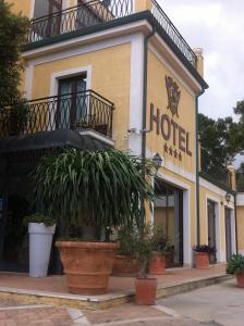 a hotel with potted plants in front of it at Hotel Palace 4S in Crotone