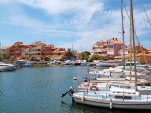 un groupe de bateaux amarrés dans un port de plaisance avec des maisons dans l'établissement Holiday Home Nautica-3 by Interhome, au Barcarès