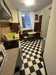 a kitchen with a black and white checkered floor at Pension Martinské údolí - dependance in Kořenov