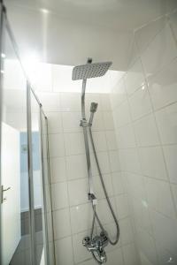 een douche met een douchekop in een badkamer bij Les 3 chapeaux Dinant 6p Les canotiers 4p avec terrasse Le melon 2p SANS terrasse in Dinant