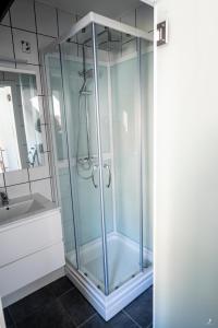 een glazen douche in een badkamer met een wastafel bij Les 3 chapeaux Dinant 6p Les canotiers 4p avec terrasse Le melon 2p SANS terrasse in Dinant +41 foto's