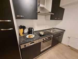 a kitchen with black cabinets and a plate of food on the counter at Theox Apartment No 6 Royal Blue für 4 Personen in Mannheim