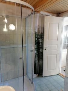 a shower with a glass door in a bathroom at Hostel Mansikka in Taipalsaari