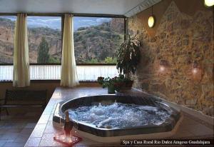 Un jacuzzi en una habitación con una ventana grande. en Spa y Casa Rural Rio Dulce, en Aragosa