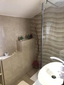 La salle de bains est pourvue d'une douche et d'un lavabo. dans l'établissement Family Rooms Sabrina, à Poreč