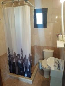 łazienka z zasłoną prysznicową, toaletą i umywalką w obiekcie Small Sunset View apartment w mieście Afissos