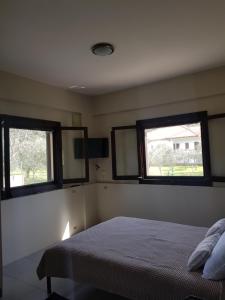 1 dormitorio con 2 ventanas y 1 cama en Small Sunset View apartment, en Áfissos
