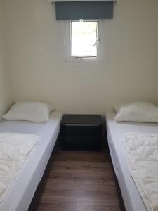 twee bedden in een kamer met een raam bij De Bijsselse Enk, Lelie in Nunspeet