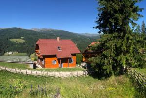 una casa arancione con tetto rosso su una collina di St Wolfgang-Kienberg - Ruhe und Entspannung mit bester Aussicht a Obdach