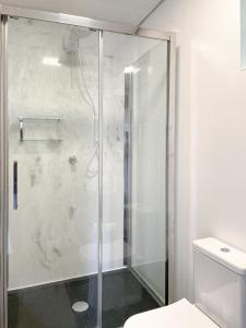 een douche met een glazen deur in de badkamer bij Container na montanha in Siderópolis