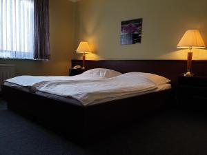 a large bed in a bedroom with two lamps at Landhaus Zum alten Fritz in Seesen