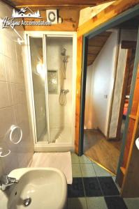 een badkamer met een douche en een wastafel bij Al Mé Bait vicino alla Latteria e allAquagranda in Livigno