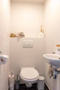 y baño con aseo blanco y lavamanos. en New modern apartment near the sea and city centre, en Ostende