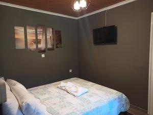 a bedroom with a bed with a tv on the wall at Nikolas House Upper Agni Bay in Agní