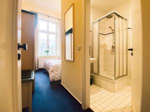 a room with a bathroom with a shower and a bed at Landhotel Schloss Daschow in Daschow