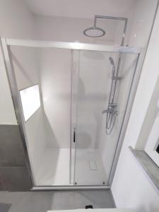 eine Dusche mit einer Glastür in einem Badezimmer in der Unterkunft Ferienwohnungen am Stadtgarten Pforzheim in Pforzheim + 30 Fotos