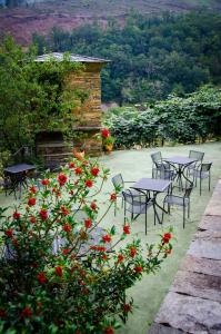 un grupo de mesas y sillas con flores rojas en Casas Rurales Taramundi Verde, en Taramundi