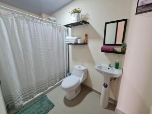 een witte badkamer met een toilet en een wastafel bij Apartamentos Ave del Paraíso in Alajuela