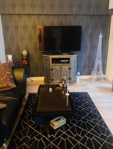a living room with a couch and a tv at Au pied de la tour Eiffel Trocadéro in Paris