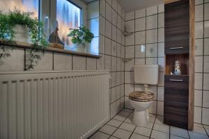 a bathroom with a toilet and a window at Maisonette privater Zugang Waschmaschine Parkplatz in Hagen