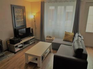 sala de estar con sofá y TV en Maison Berrichonne avec cour et jardin intime, en Saint-Marcel