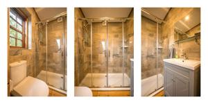 two pictures of a bathroom with a shower and a sink at The Hideaway in Lochinver